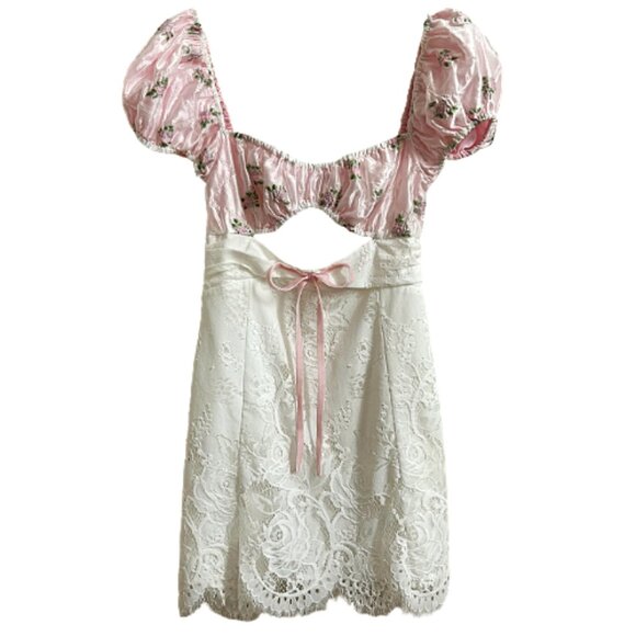 For Love & Lemons London Mini Dress Pink White Lace Size S Romantic Party - Picture 2 of 13